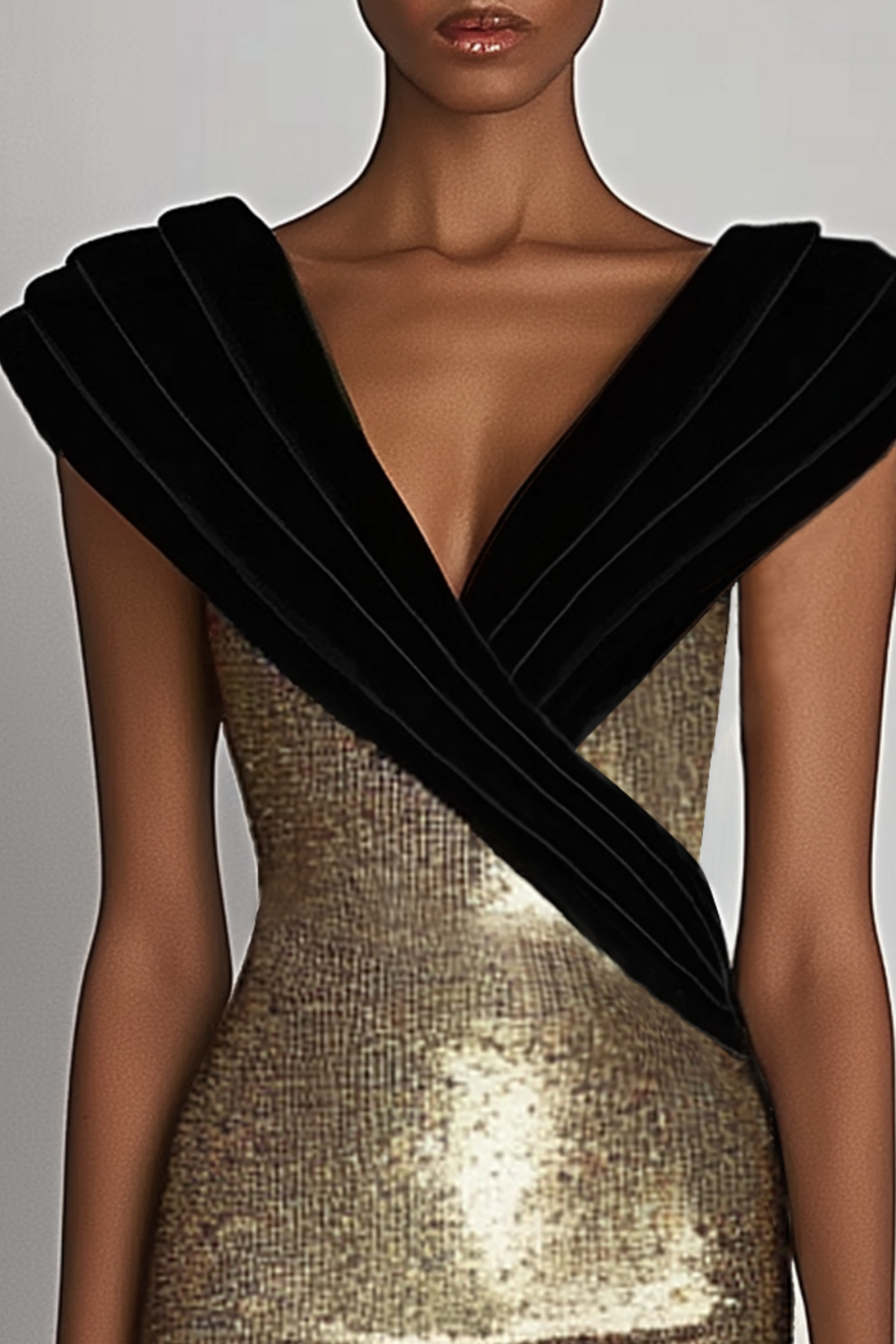 Evening Sequin Dress Black-Goldk V-Neck Sleeveless Floor-Length Gown