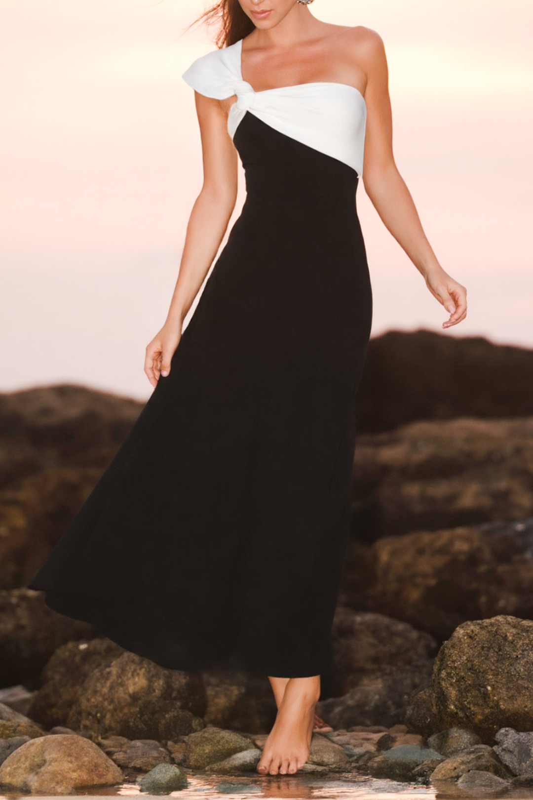 ​Cocktail Party Dress​​ Black White One Shoulder Maxi Dress