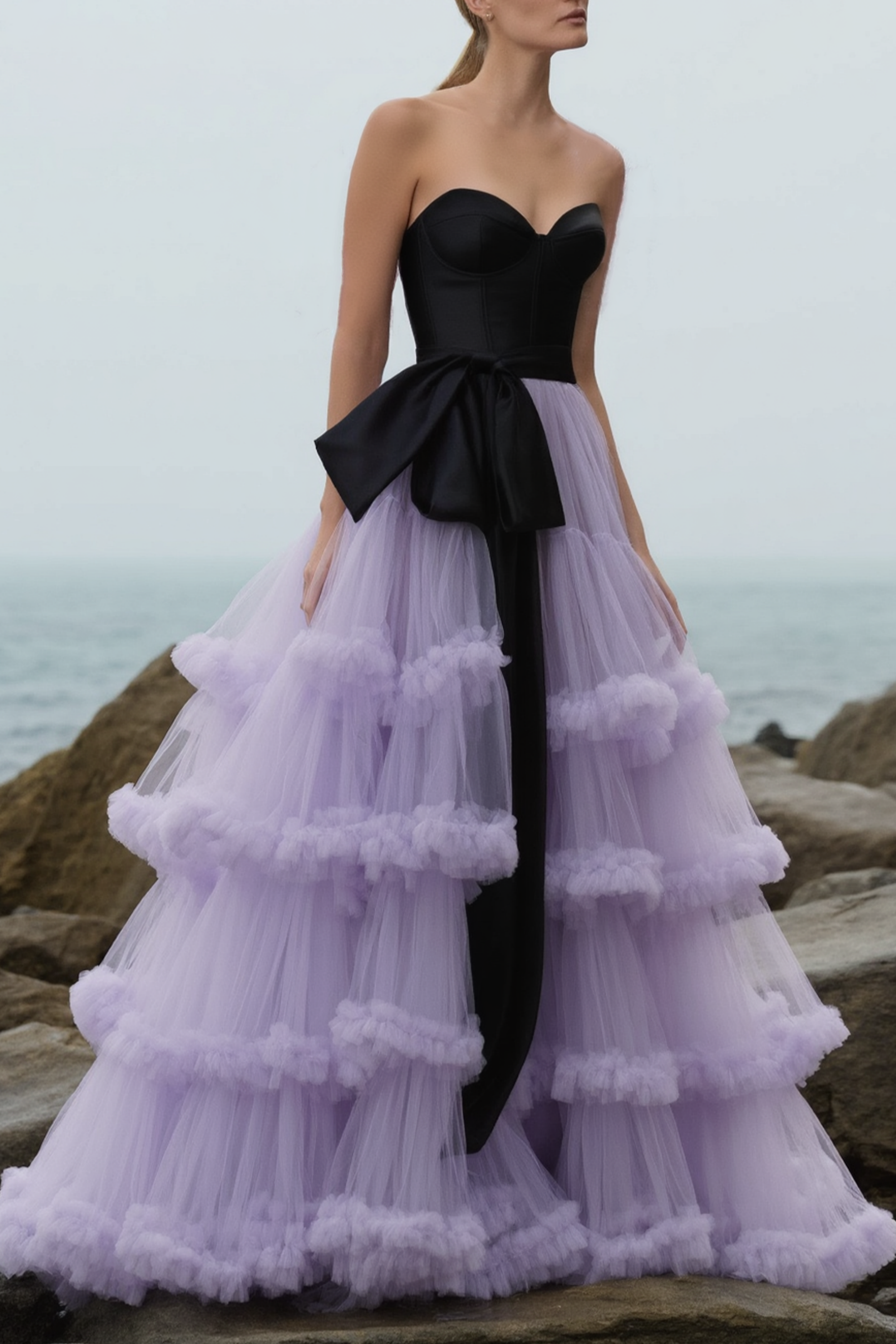 Evening​ ​Prom Dress​ Black Strapless Layer Floor-Length Dress
