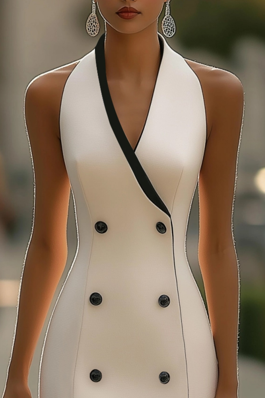 Work Dress Black White Double Breasted Knee-Length Sheath Dress
