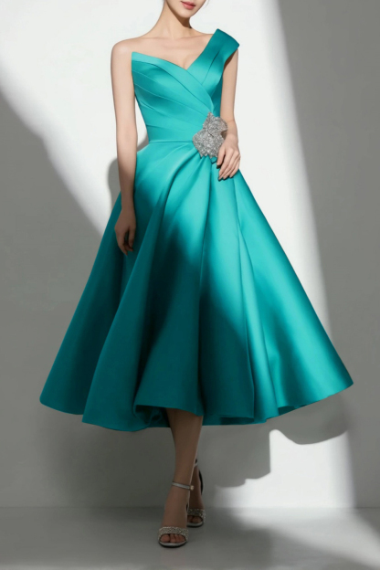 Cocktail ​Party ​​Satin Dress Green V Neck A-Line Midi Dress