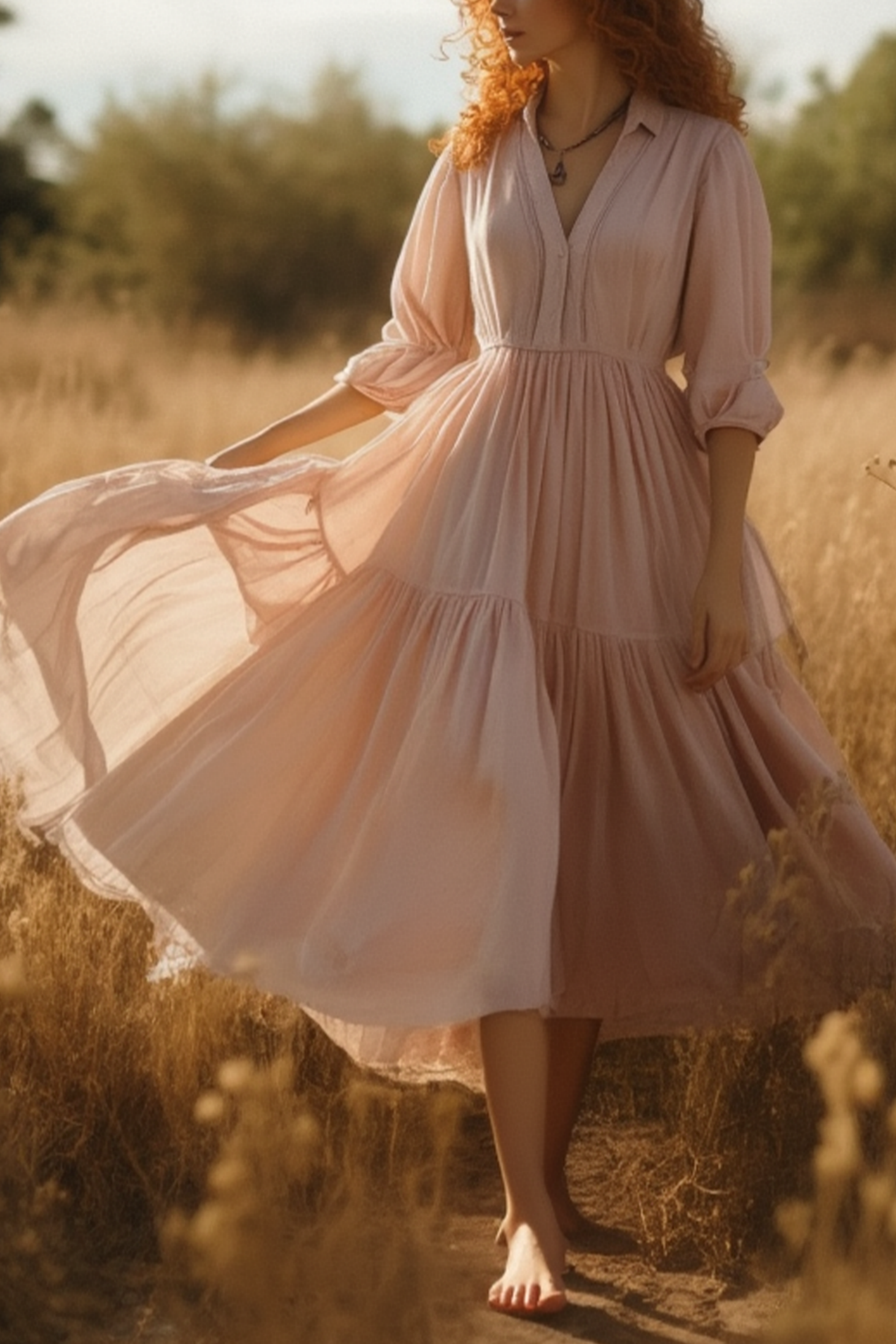 Bohemian Swing Dress Pink V Neck 3/4 Length Sleeve Maxi Dress