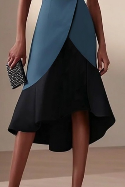 Cocktail Party Dress​​ Blue Sweetheart Neck Colorblock Knee Dress