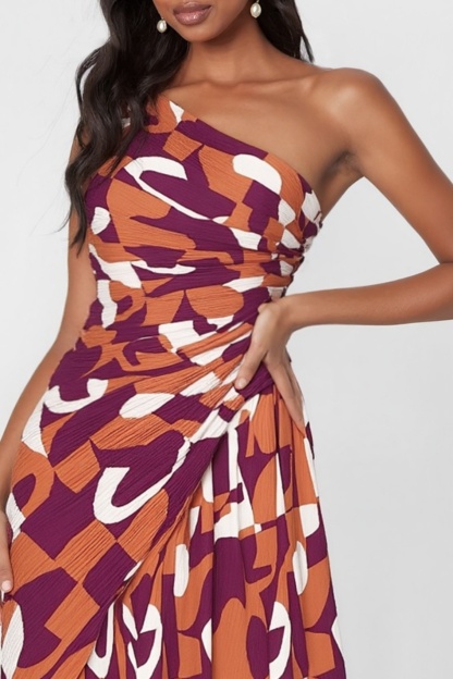 Vacation Dress​​ Red One Shoulder Print Floor-Length Dress