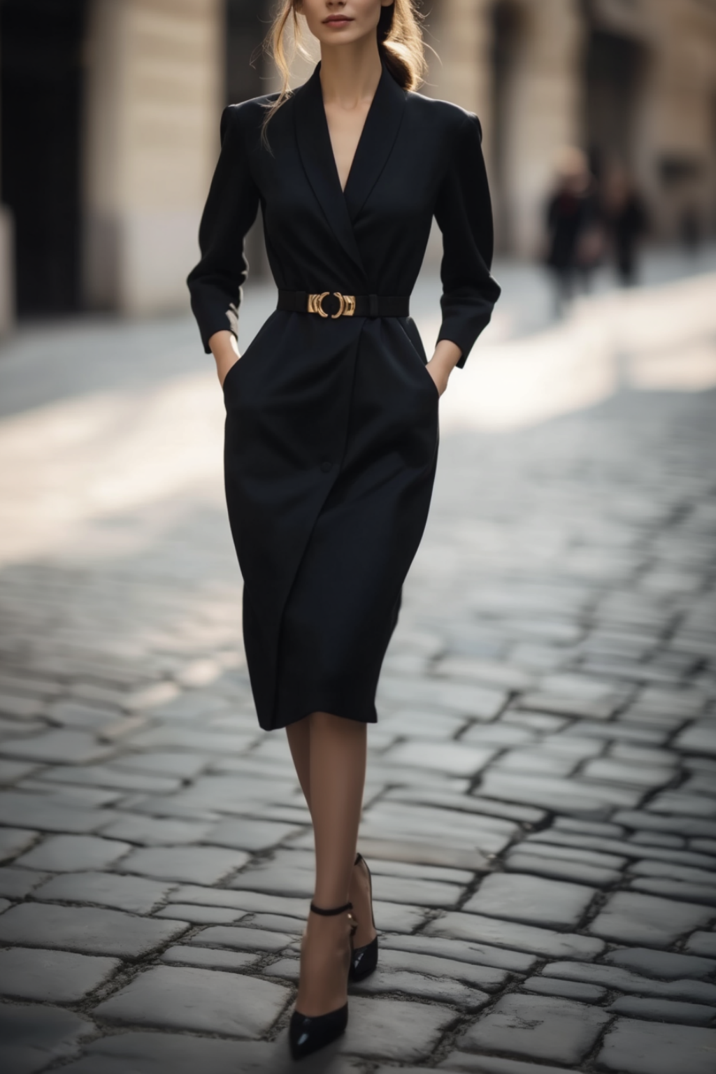Black lapel work blazer dress with belt