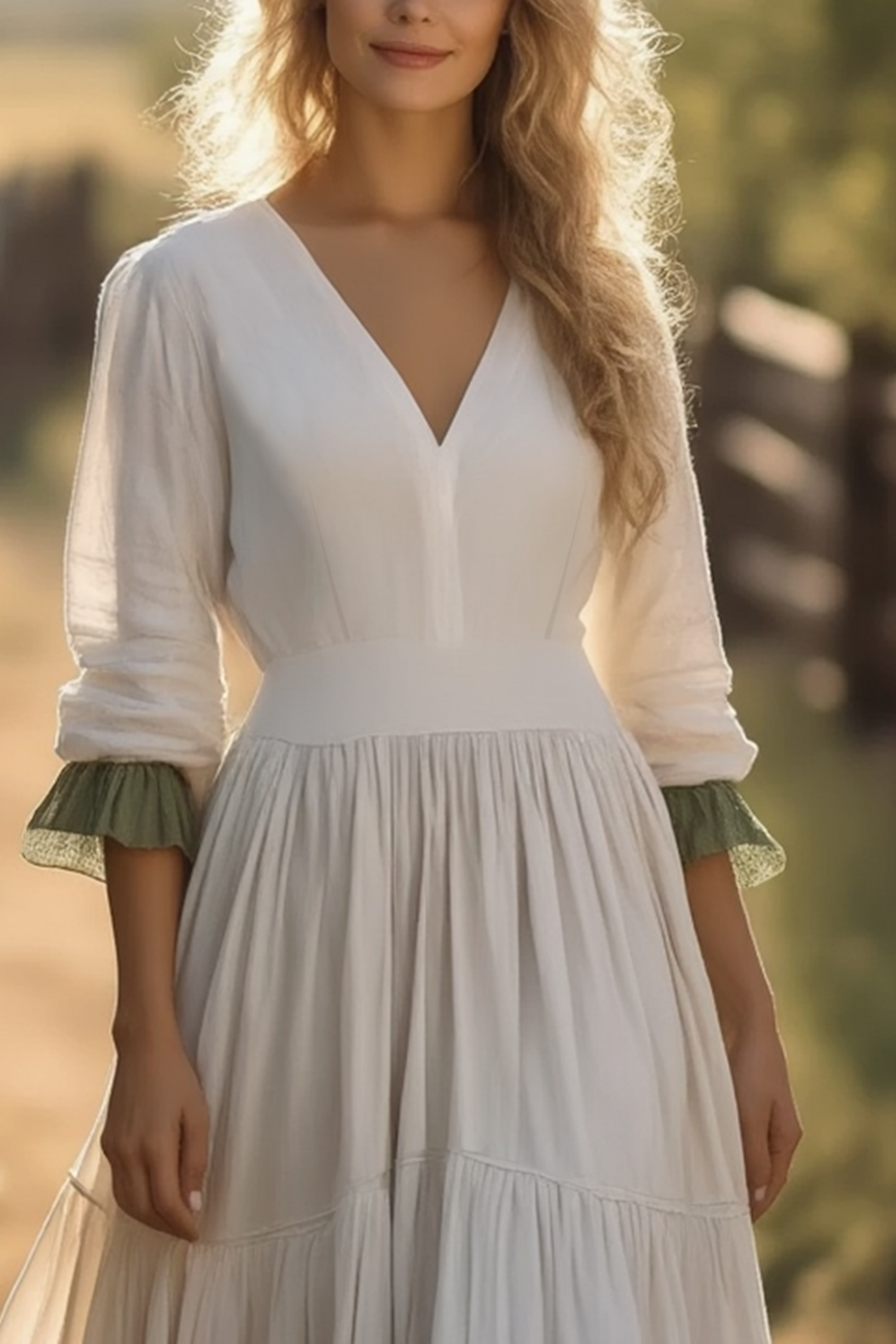 Bohemian Swing Dress Green V Neck Ruched Maxi Dress