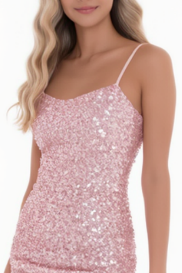 Homecoming Party Dress Pink Spaghetti Strap Mini Sequin Dress