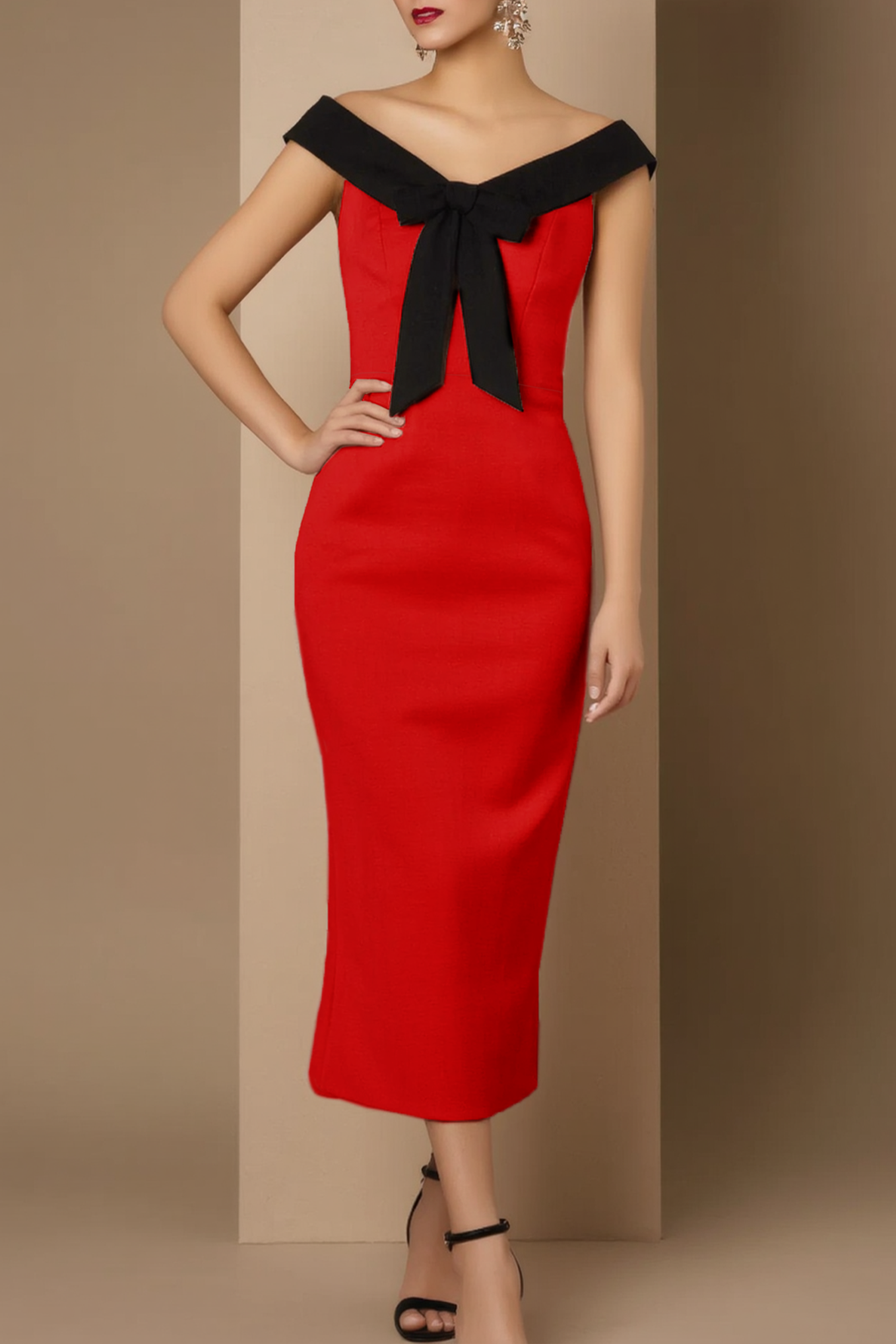 Party Cocktail Dress Red V Neck Colorblock Midi Dress