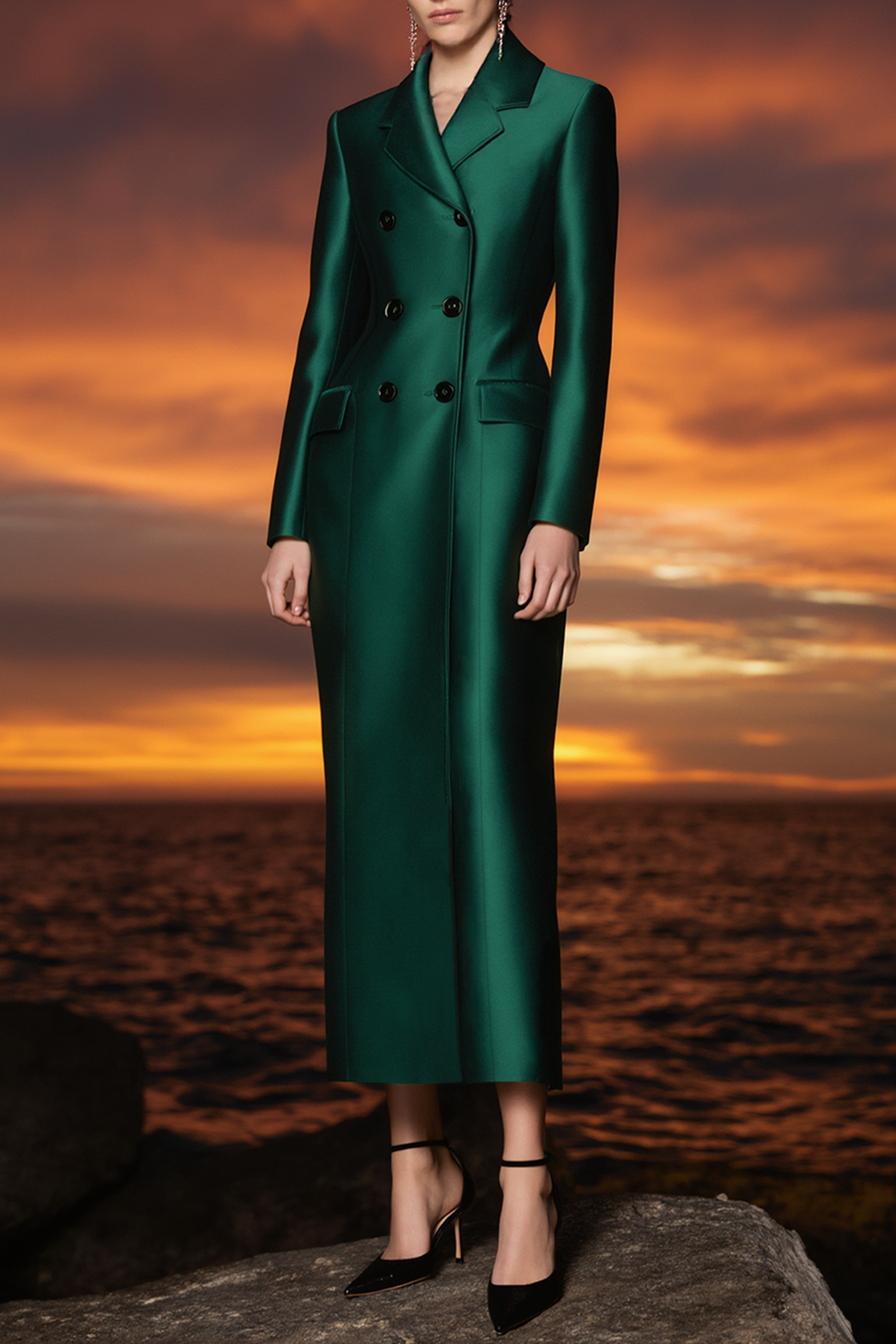 Business ​Formal Satin Dress​​ Green Lapel Maxi Dress