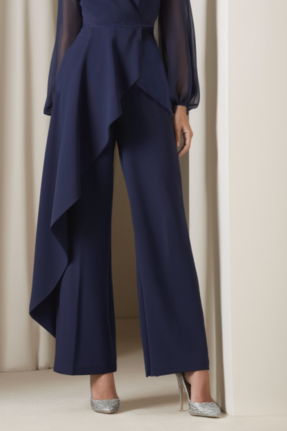 Casual Set Navy V Neck Ruffle Long Sleeve Wide-Leg Pants Set 