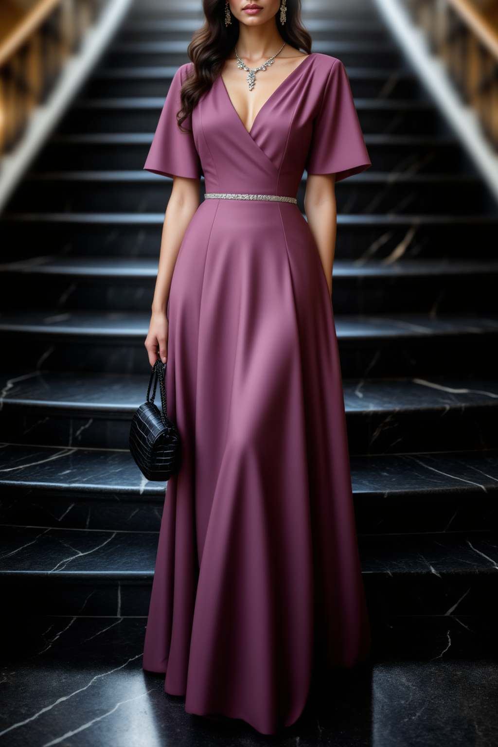 Evening Dress Purple V Neck Belted Maxi Dress