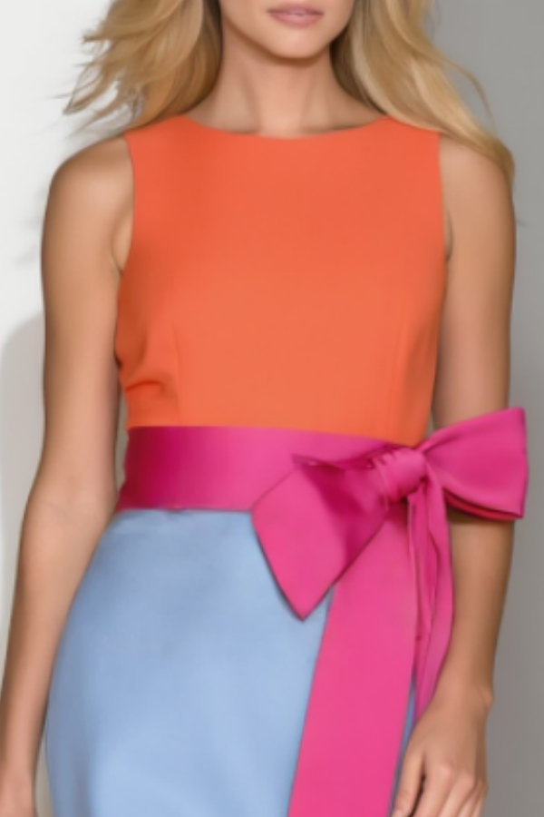 Party Work Dress Orange Crew Neck Colorblock Bow Knee-Length Dress