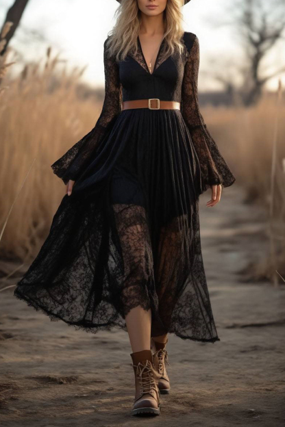 Boho Lace Dress Black V Neck Belted Midi Dress
