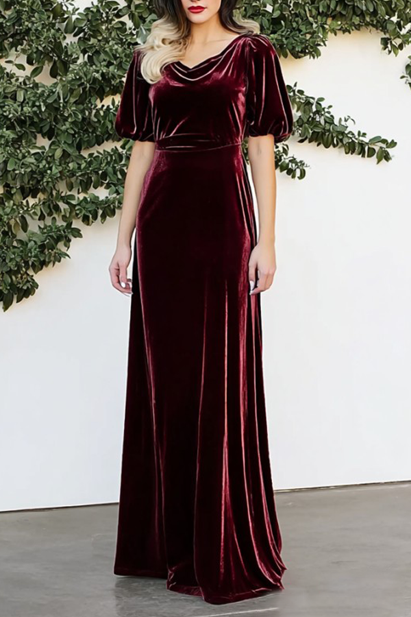 Formal Evening Dress Burgundy Cowl Neck Velvet Dress