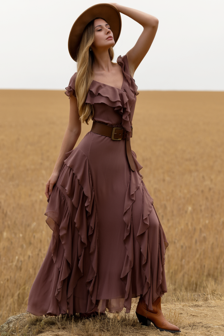 Boho Dress Purple V Neck Ruffle Belted Maxi Dress