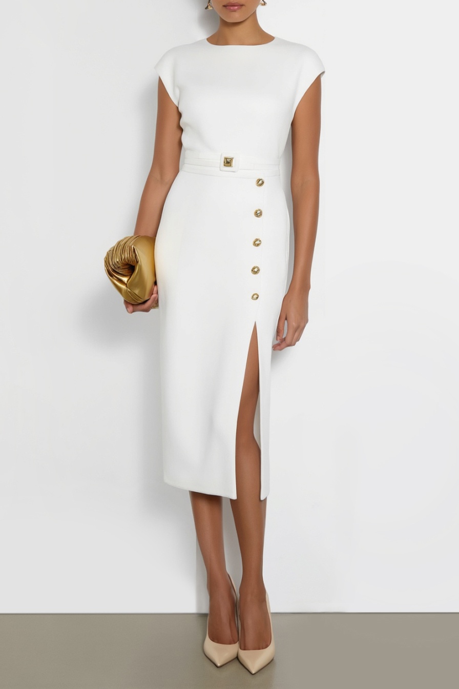 Work Dress​ White Crew Neck Slit Midi Dress