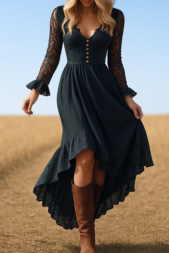 Boho Dress Black V Neck Ruffle Lace Maxi Dress