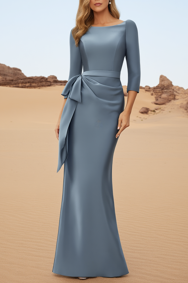 Evening Dress Blue Crew Neck 3/4 Length Sleeve Maxi Dress