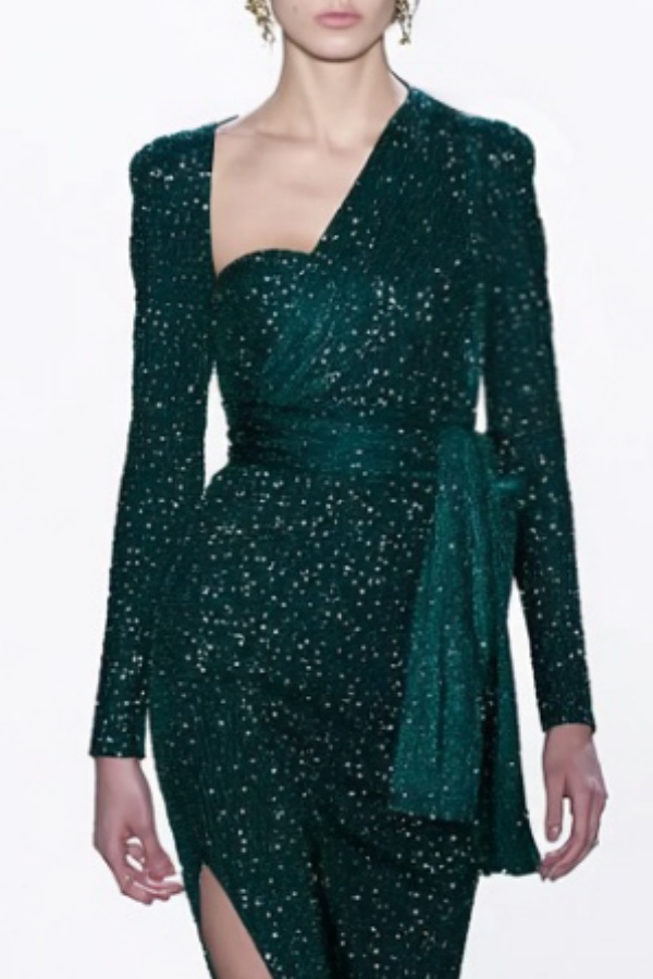 Cocktail Party Dress Green Slit Midi Long Sleeve Dress