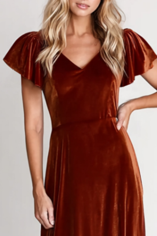 Formal Evening Dress Burgundy V Neck Velvet Maxi Dress