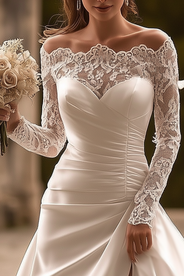 Formal ​Wedding Dress White Off Shoulder Satin Lace Maxi Dress