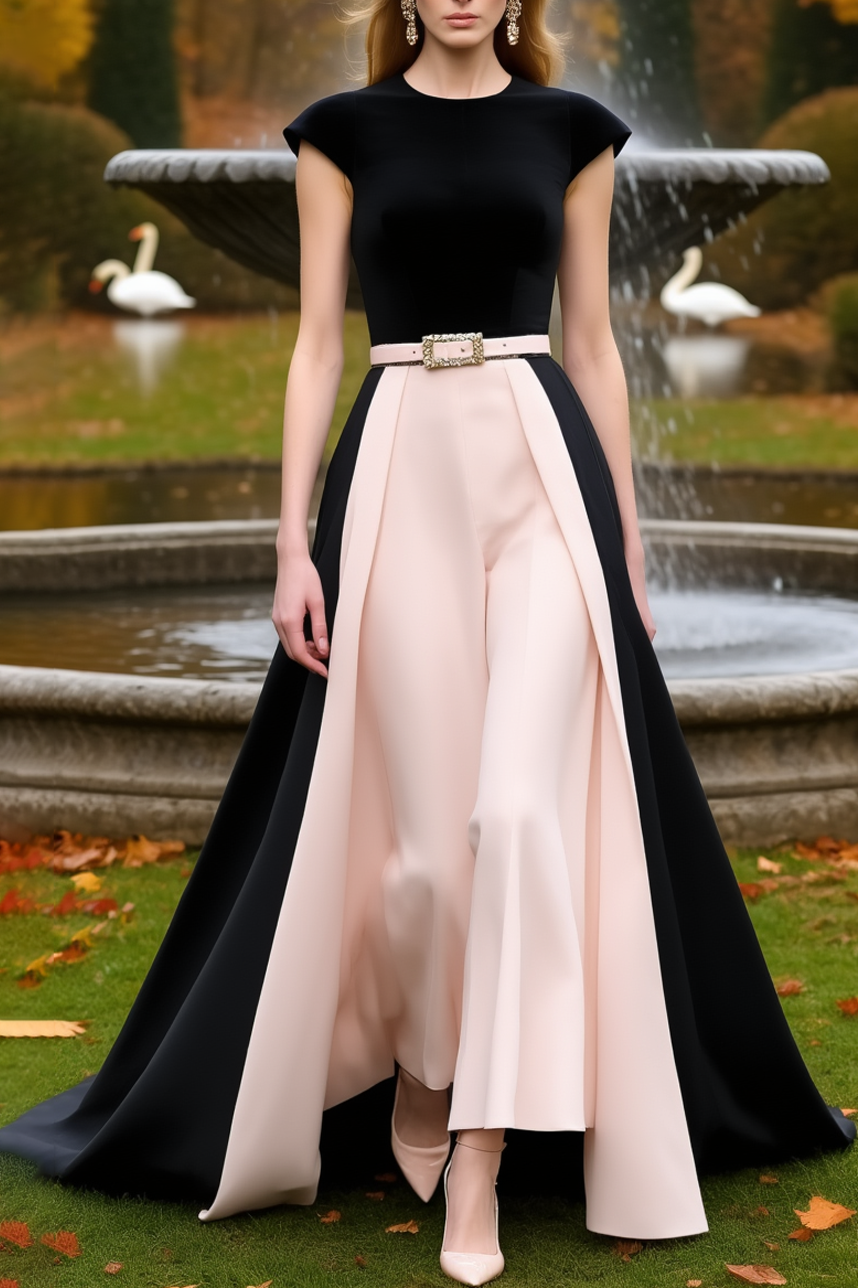 Formal Wedding Guest Jumpsuit Pink Crew Neck Belted with Train