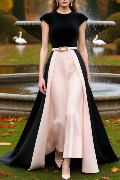 Formal Wedding Guest Jumpsuit Pink Crew Neck Belted with Train