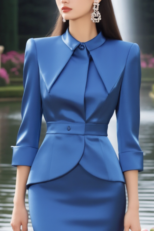 Wedding Guest Dress Blue Lapel Midi Outfit Sets Skirt Set