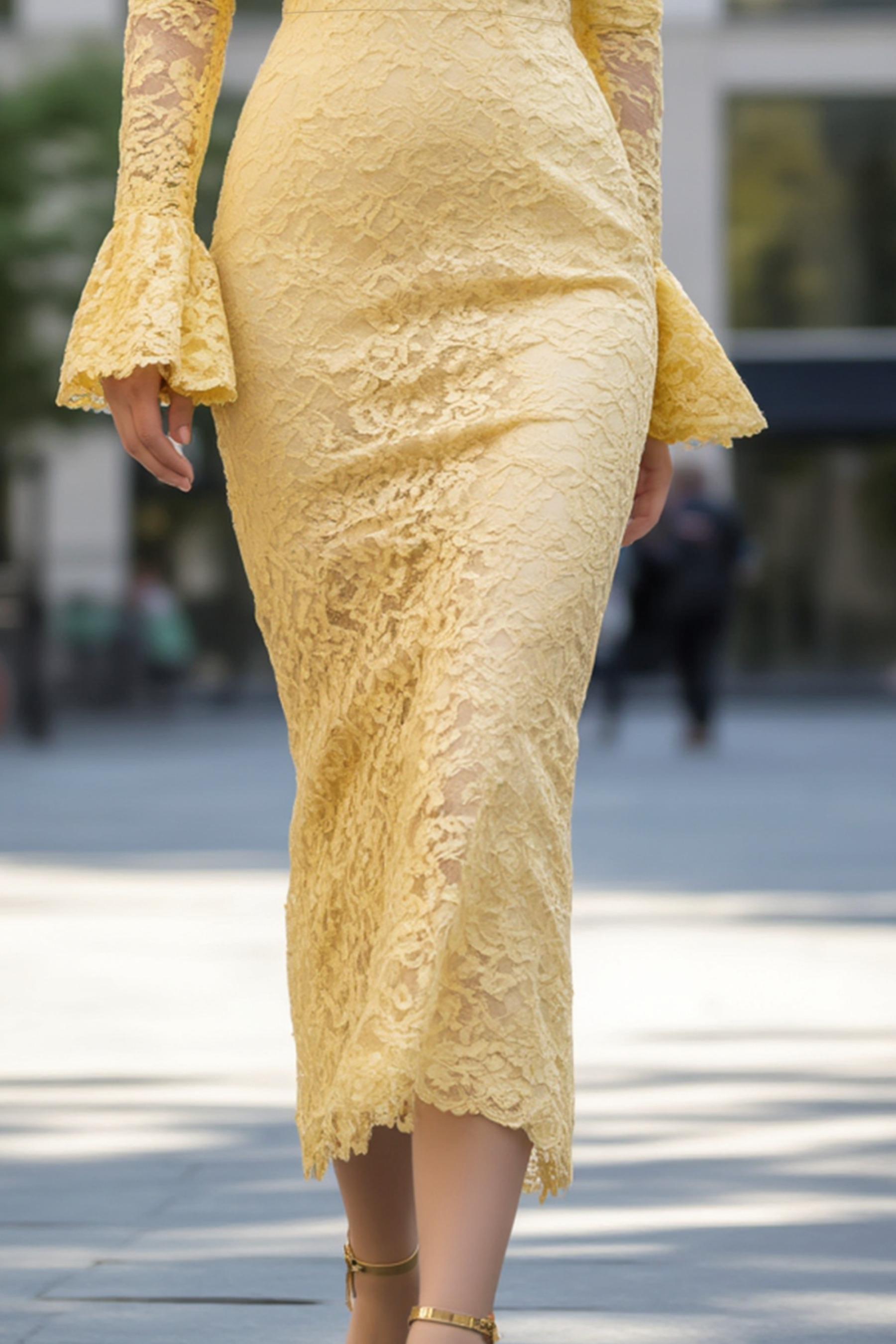 Cocktail Lace ​Party ​​Dress Yellow Stand Collar Sheath Midi Dress