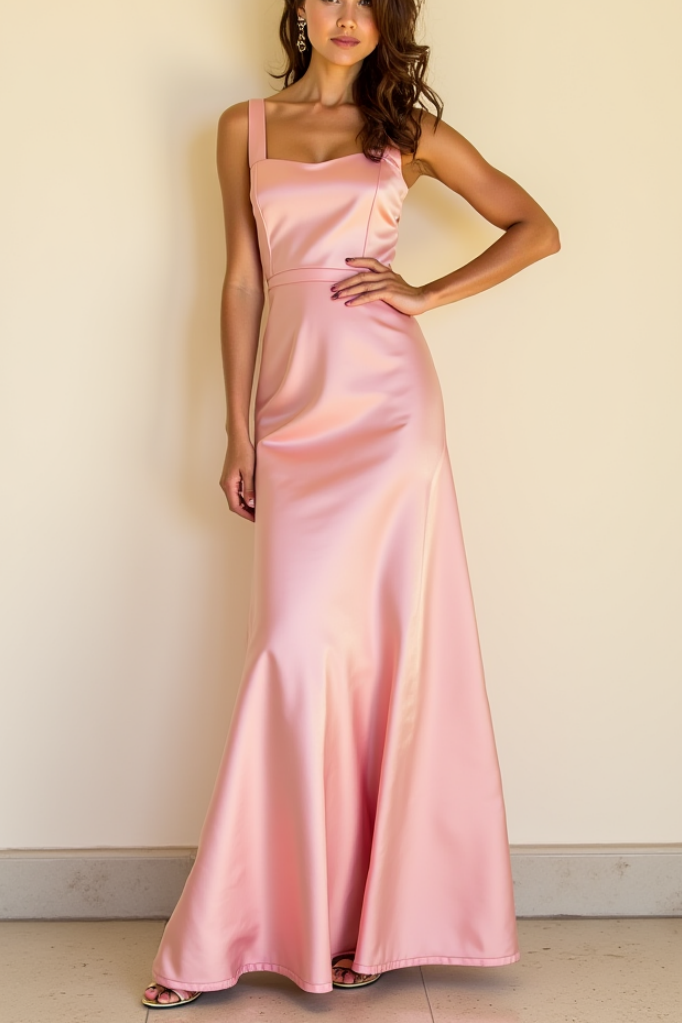 Cocktail​ Satin Party Dress Pink Straps Maxi Dress