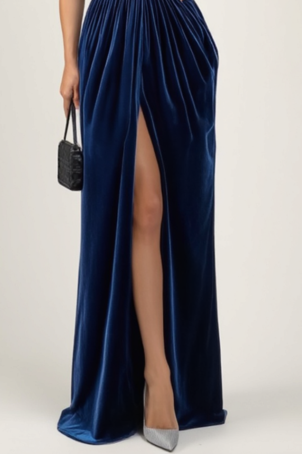 Formal Evening Dress Blue Strapless Velvet Slit Maxi Dress