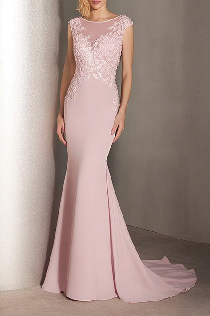 Formal Evening Dress Pink Crew Neck Lace Maxi Dress