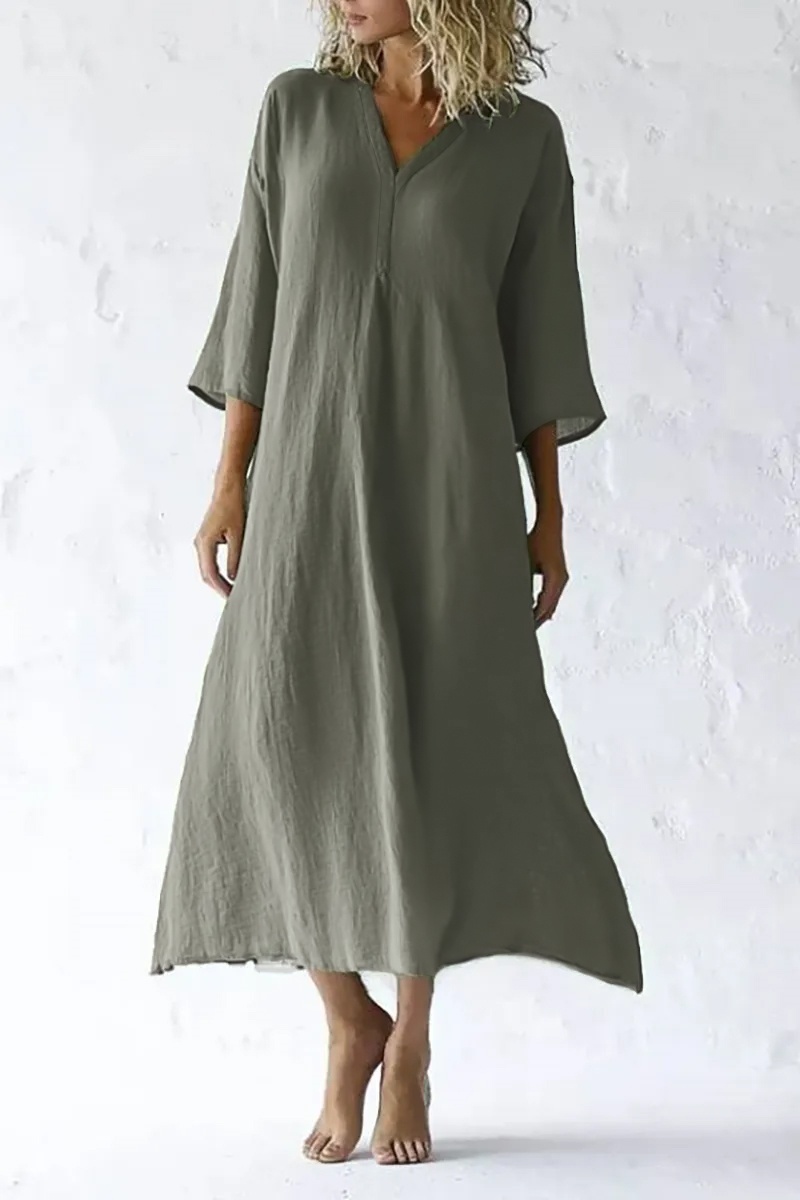 Casual Vacation Linen Dress Green V-Neck Breathable Midi Dress
