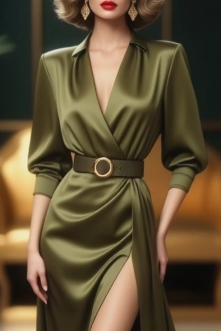 Evening ​Formal Satin Dress​​ Green V Neck Floor-Length Dress