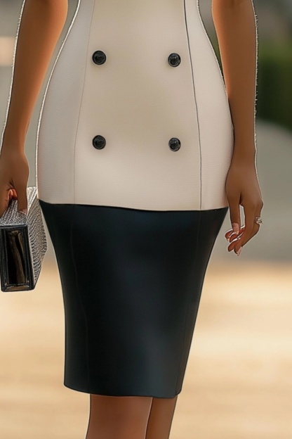 Work Dress Black White Double Breasted Knee-Length Sheath Dress