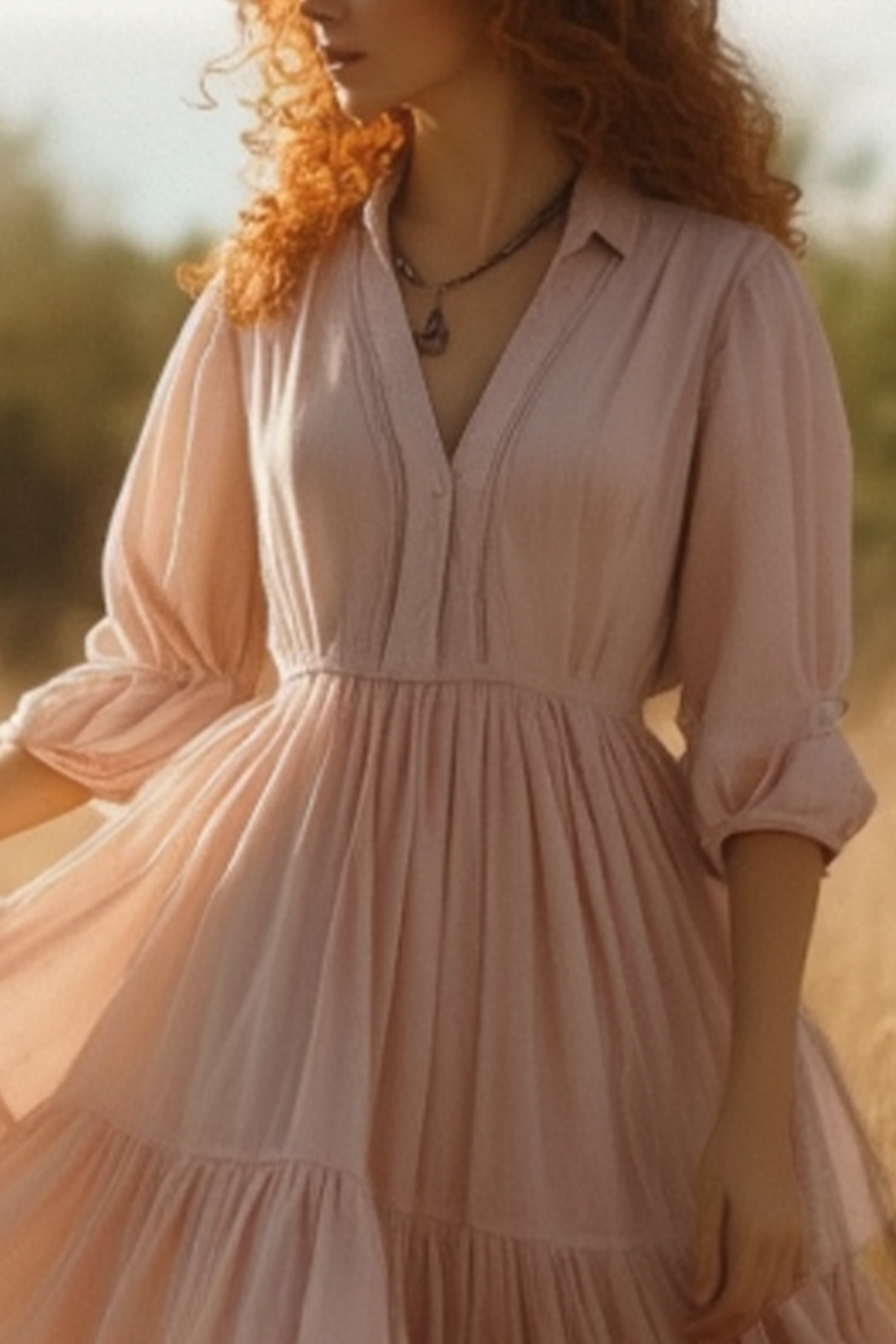 Bohemian Swing Dress Pink V Neck 3/4 Length Sleeve Maxi Dress