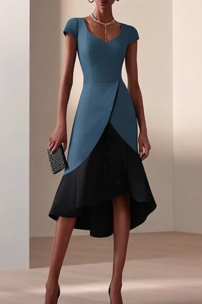 Cocktail Party Dress​​ Blue Sweetheart Neck Colorblock Knee Dress