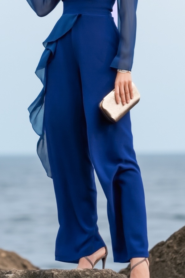 Work Jumpsuit Navy V Neck Ruffle Long Sleeve