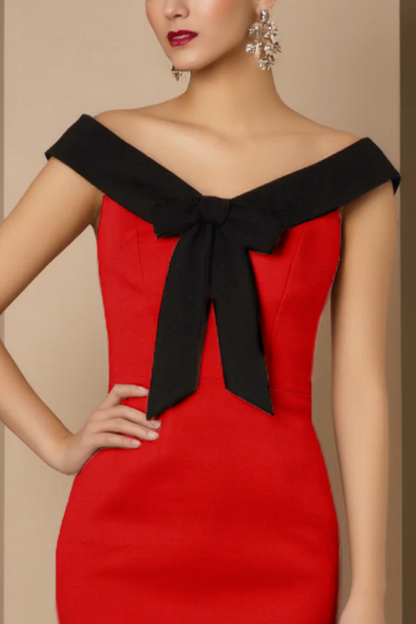 Party Cocktail Dress Red V Neck Colorblock Midi Dress