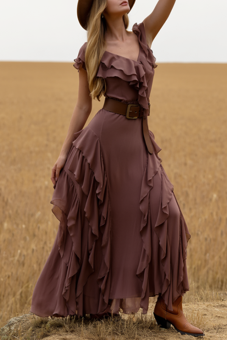 Boho Dress Purple V Neck Ruffle Belted Maxi Dress