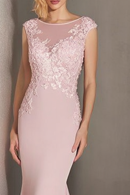 Formal Evening Dress Pink Crew Neck Lace Maxi Dress