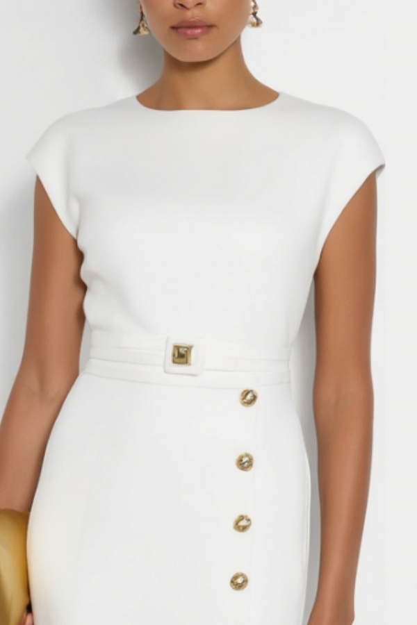 Work Dress​ White Crew Neck Slit Midi Dress