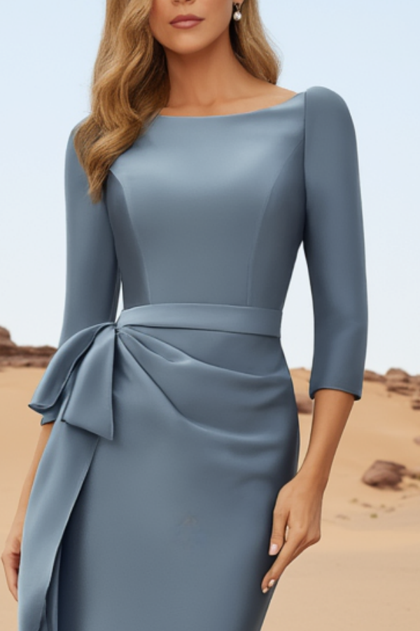 Evening Dress Blue Crew Neck 3/4 Length Sleeve Maxi Dress