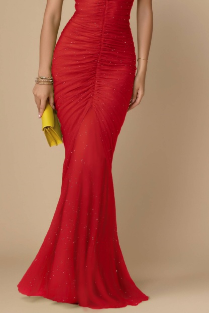 Evening Formal Dress​​ Red Square Neck Ruched Sheath Maxi Dress