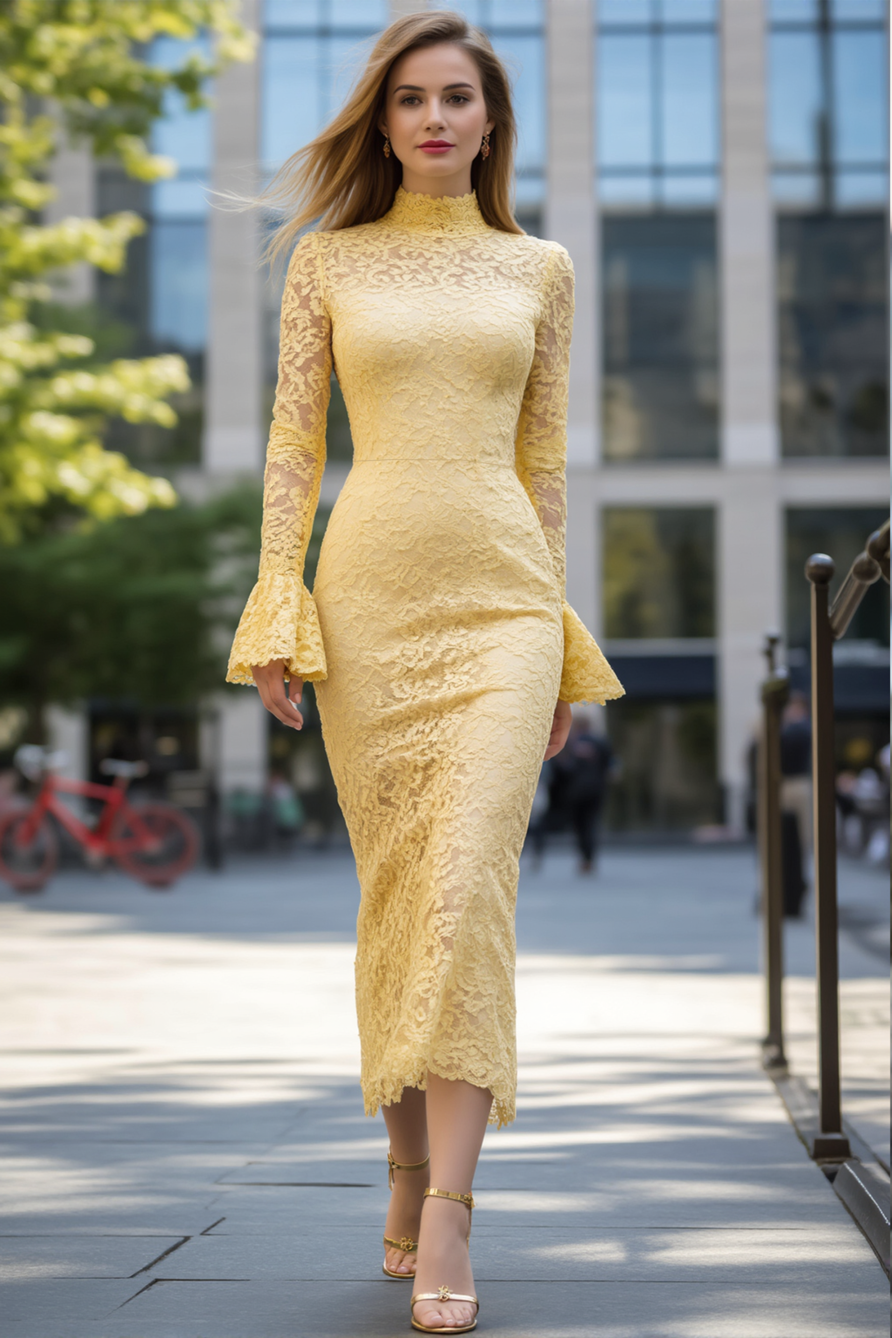 Cocktail Lace ​Party ​​Dress Yellow Stand Collar Sheath Midi Dress