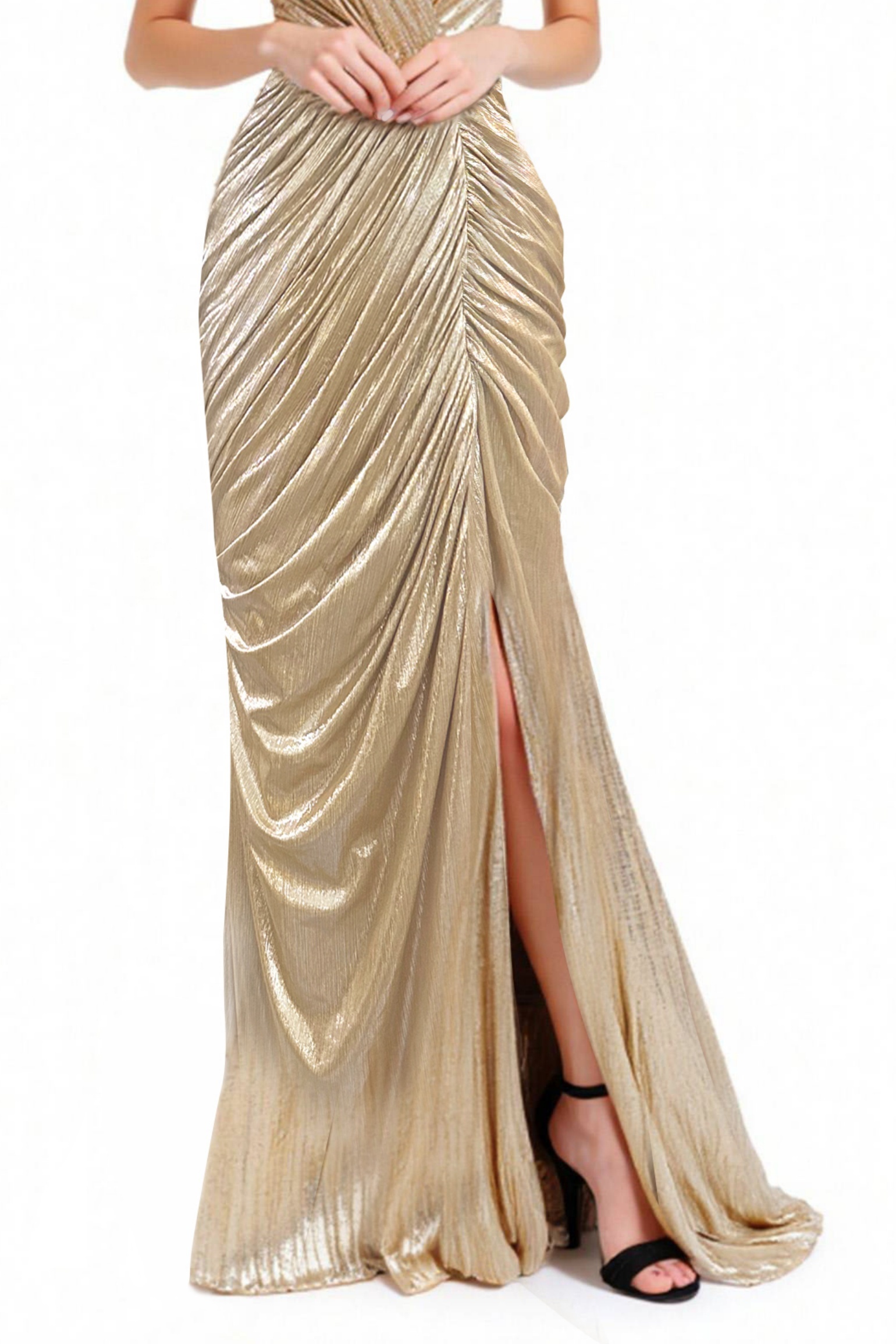 Formal Evening Gold Dress Pleated Sleeveless Metallic V-Neck Slit Floor-Length Dress