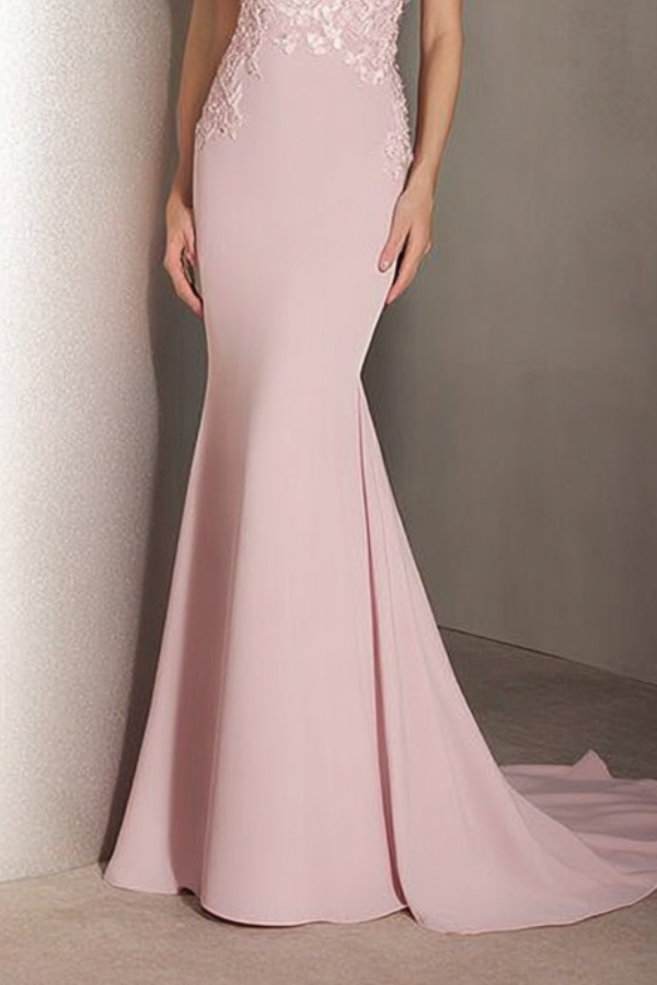 Formal Evening Dress Pink Crew Neck Lace Maxi Dress