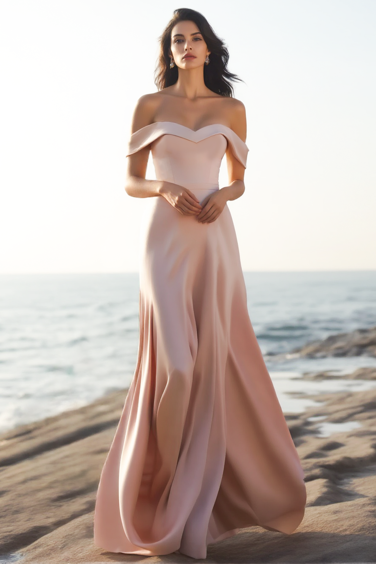 Evening Formal Dress​​ Pink Off Shoulder Maxi Satin Dress