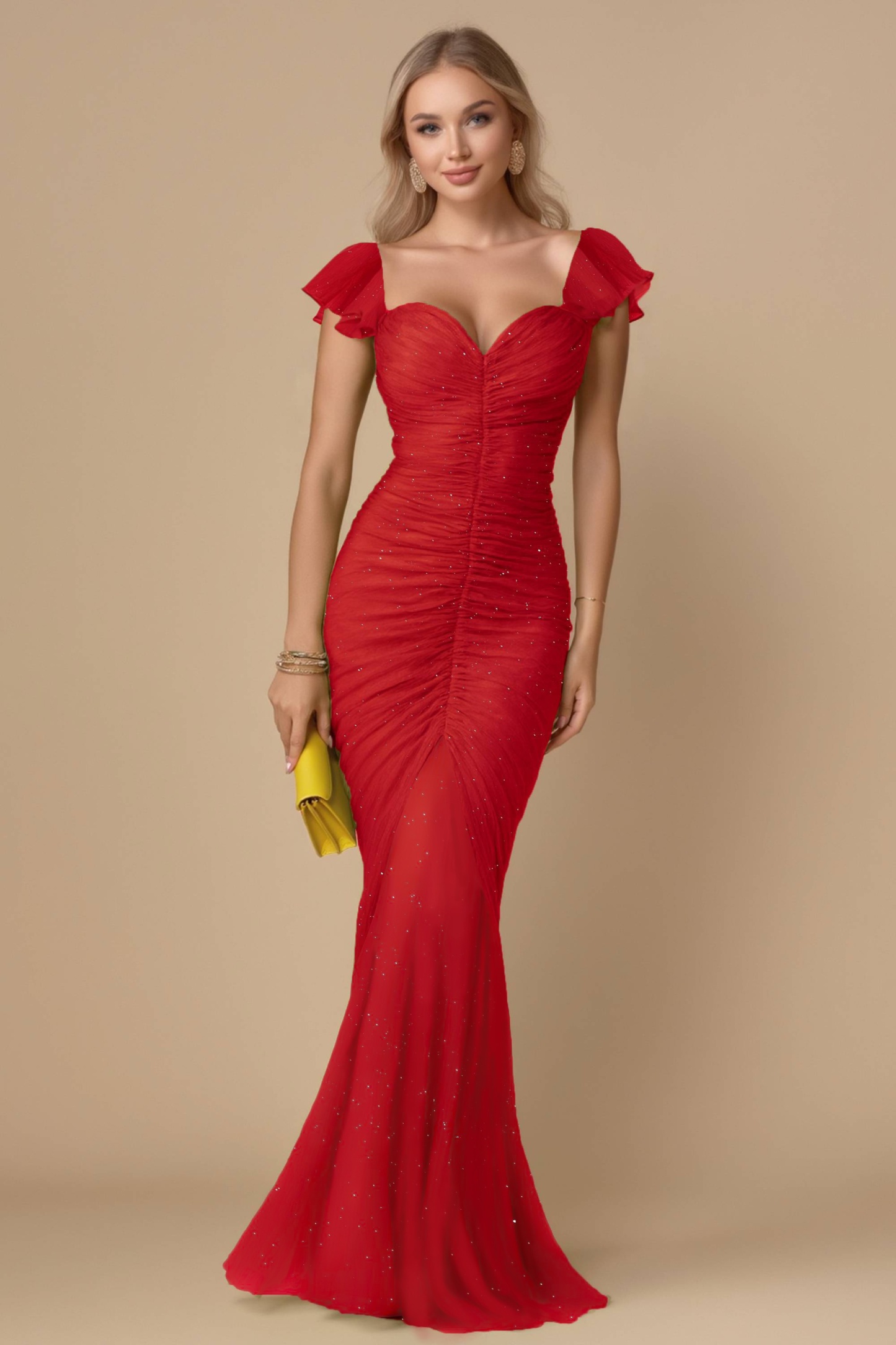 Evening Formal Dress​​ Red Square Neck Ruched Sheath Maxi Dress