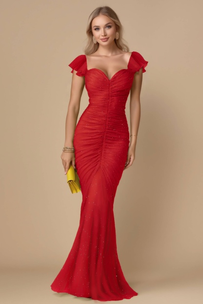 Evening Formal Dress​​ Red Square Neck Ruched Sheath Maxi Dress